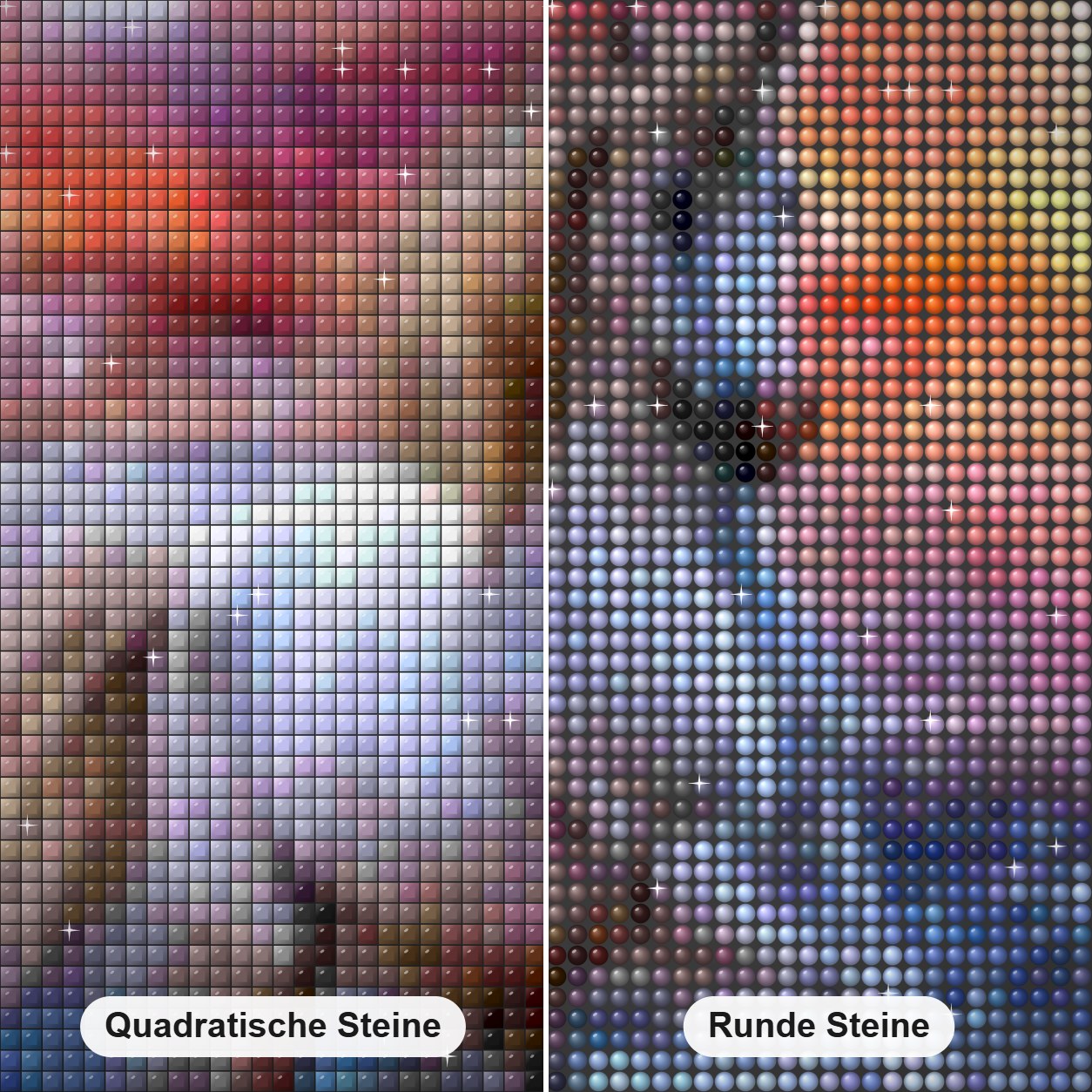 Weißes Einhorn Diamond Painting Nahaufnahme mit quadratischen und runden Steinen