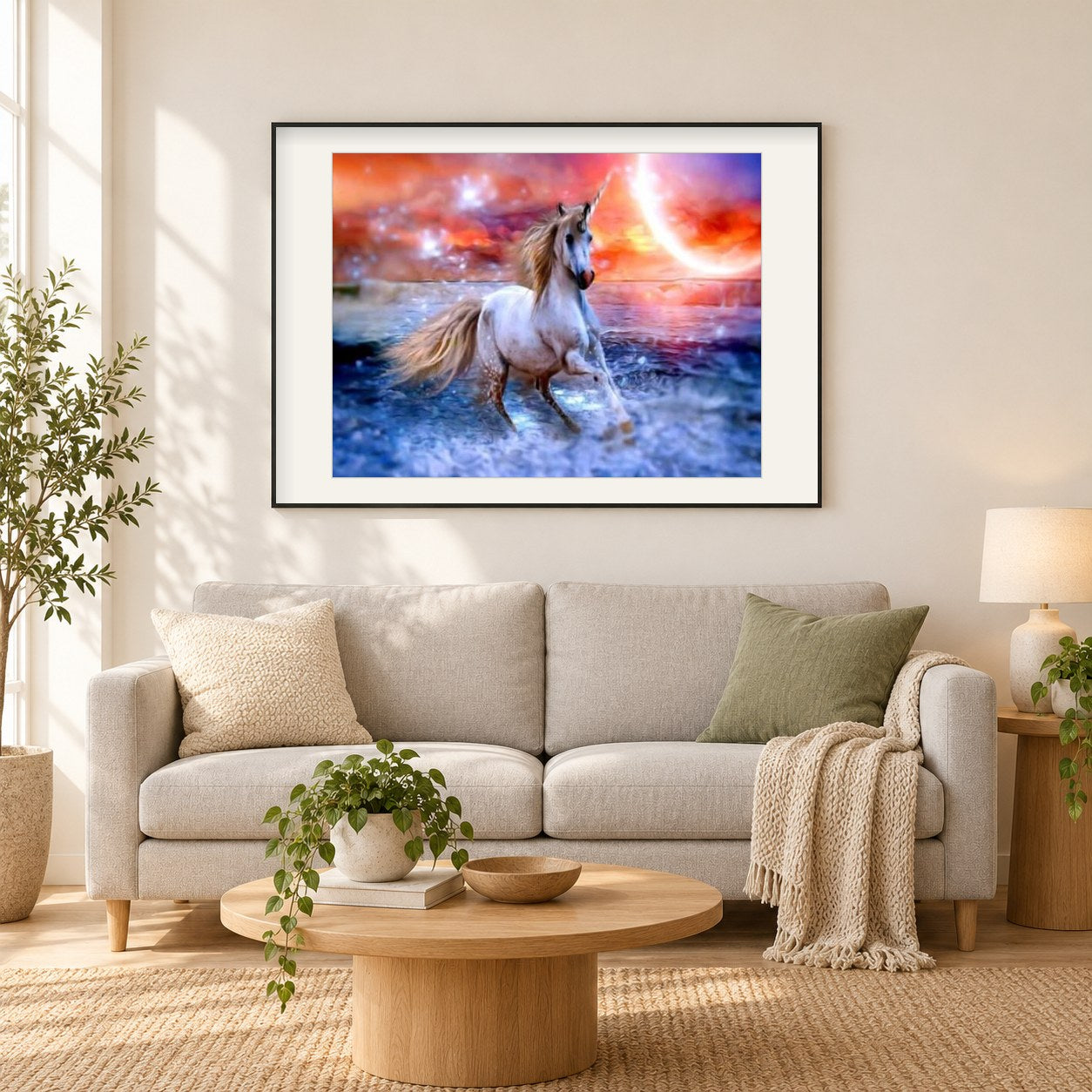 Weißes Einhorn als gerahmtes Diamond Painting im Wohnzimmer