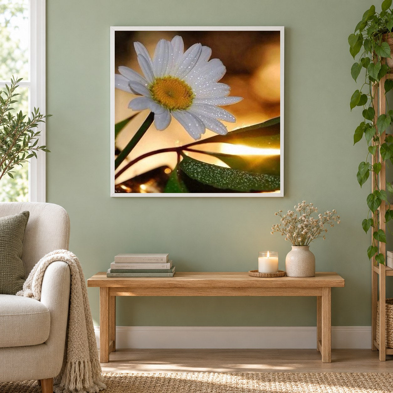 Weißes Gänseblümchen mit Tautropfen als gerahmtes Diamond Painting im Wohnzimmer