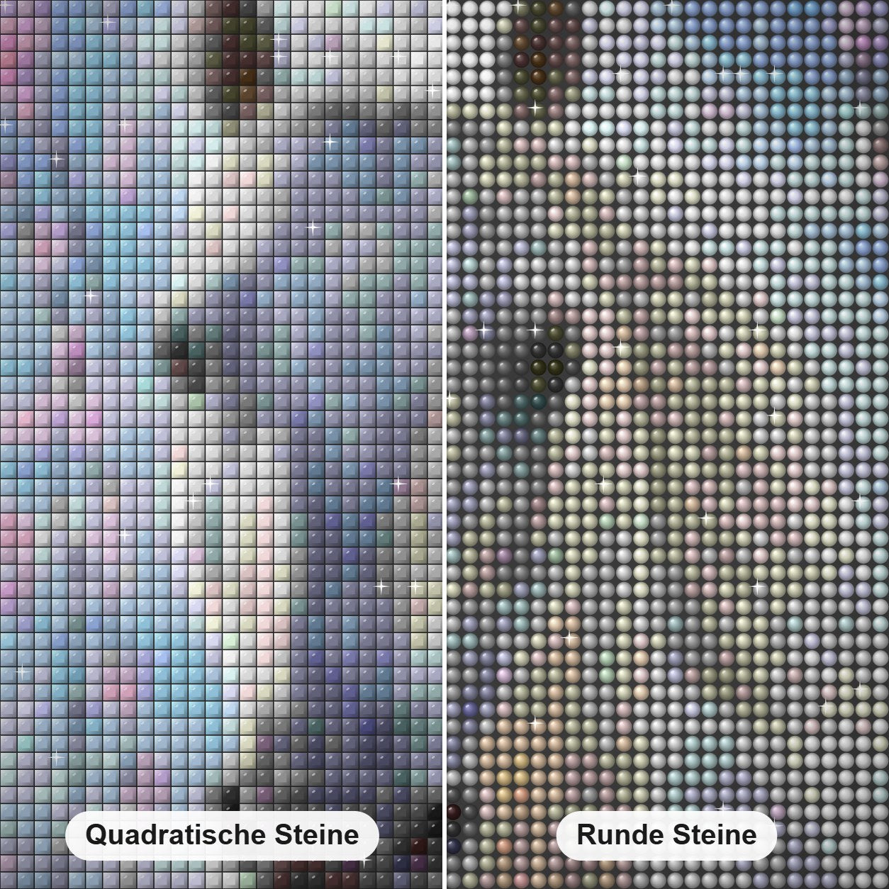 Weißes Pferd Diamond Painting Nahaufnahme mit quadratischen und runden Steinen