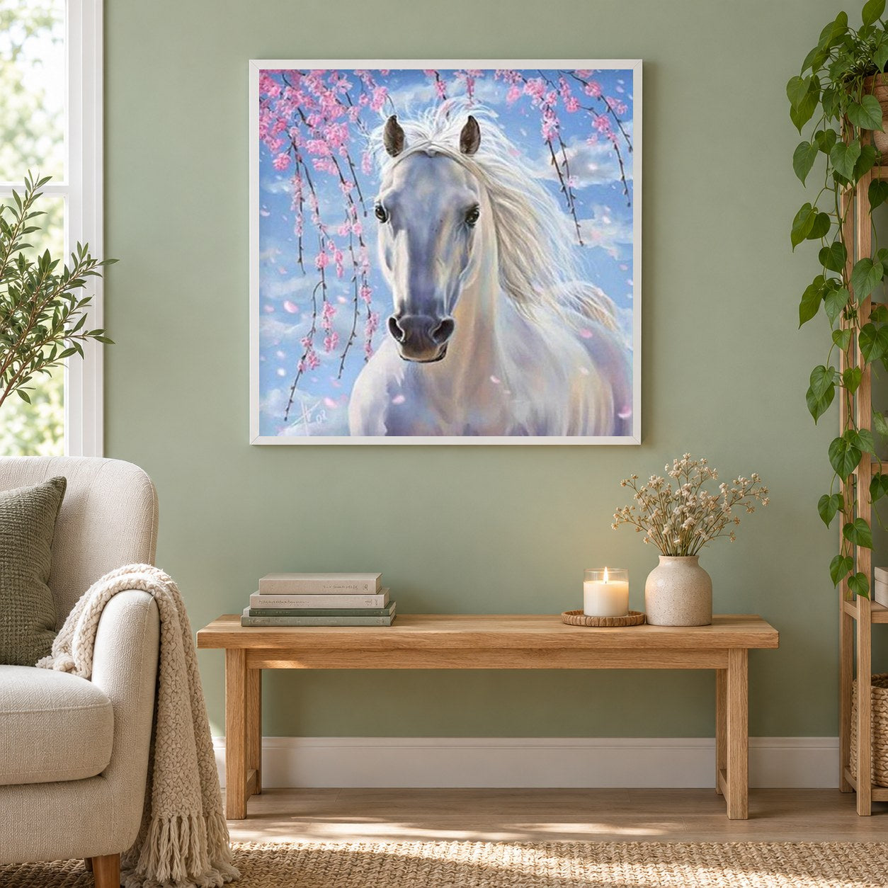 Weißes Pferd als gerahmtes Diamond Painting im Wohnzimmer