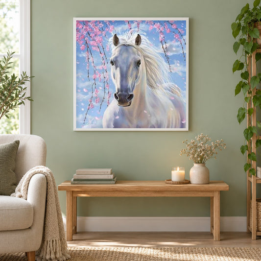 Weißes Pferd als gerahmtes Diamond Painting im Wohnzimmer