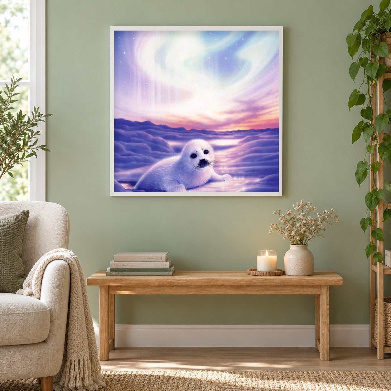 Weißes Siegel als gerahmtes Diamond Painting im Wohnzimmer