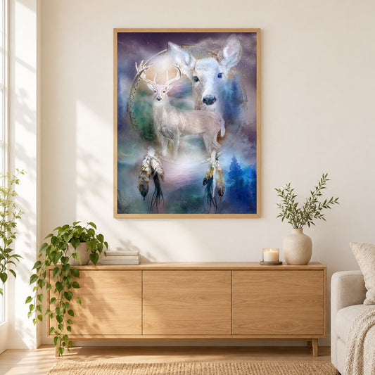 Weißwild Traumfänge als gerahmtes Diamond Painting im Wohnzimmer