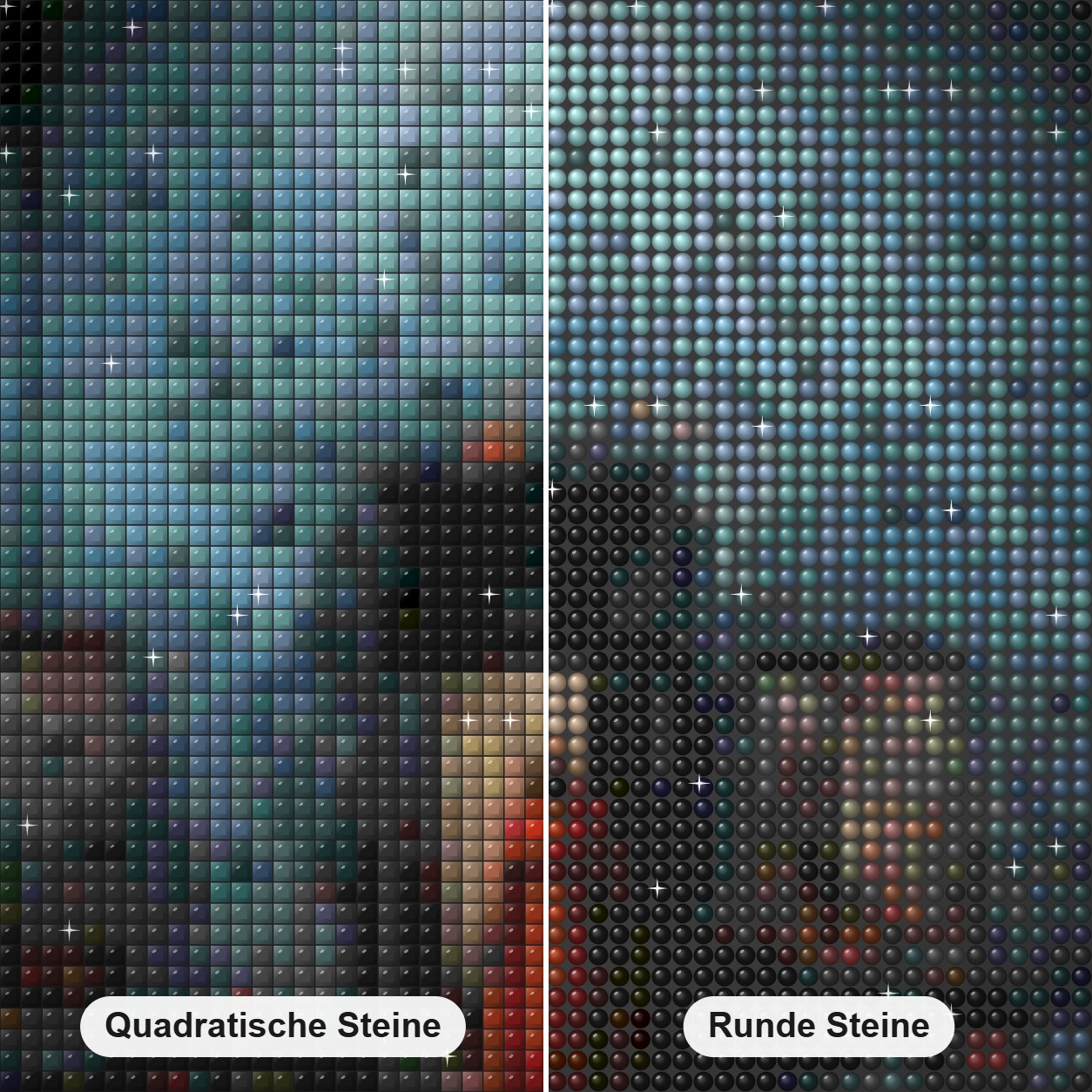 Willkommen im Spukhaus Diamond Painting Nahaufnahme mit quadratischen und runden Steinen