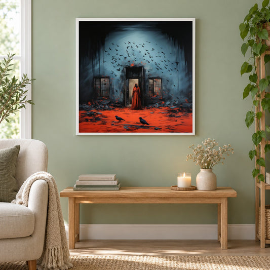 Willkommen im Spukhaus als gerahmtes Diamond Painting im Wohnzimmer