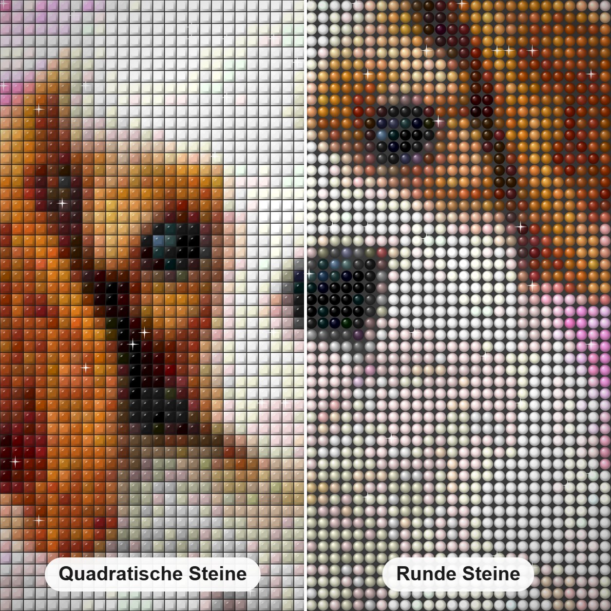 Welpe im Blumenkorb Diamond Painting Nahaufnahme mit quadratischen und runden Steinen