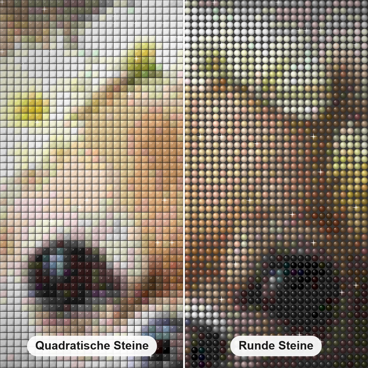 Welpe mit Blumenkrone Diamond Painting Nahaufnahme mit quadratischen und runden Steinen