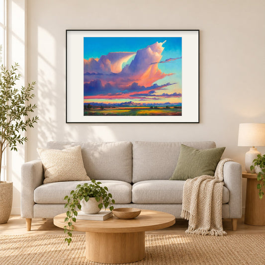 westlicher Aufstieg - Kunst des Jonn Einerssen als gerahmtes Diamond Painting im Wohnzimmer