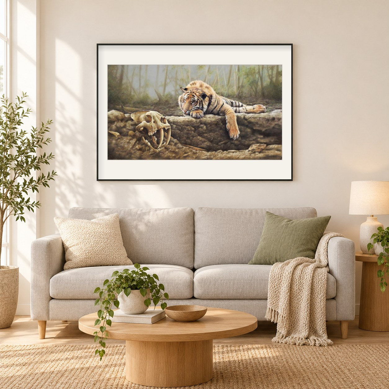 Wo Tiger beten -  Kunst des Eric Wilson als gerahmtes Diamond Painting im Wohnzimmer