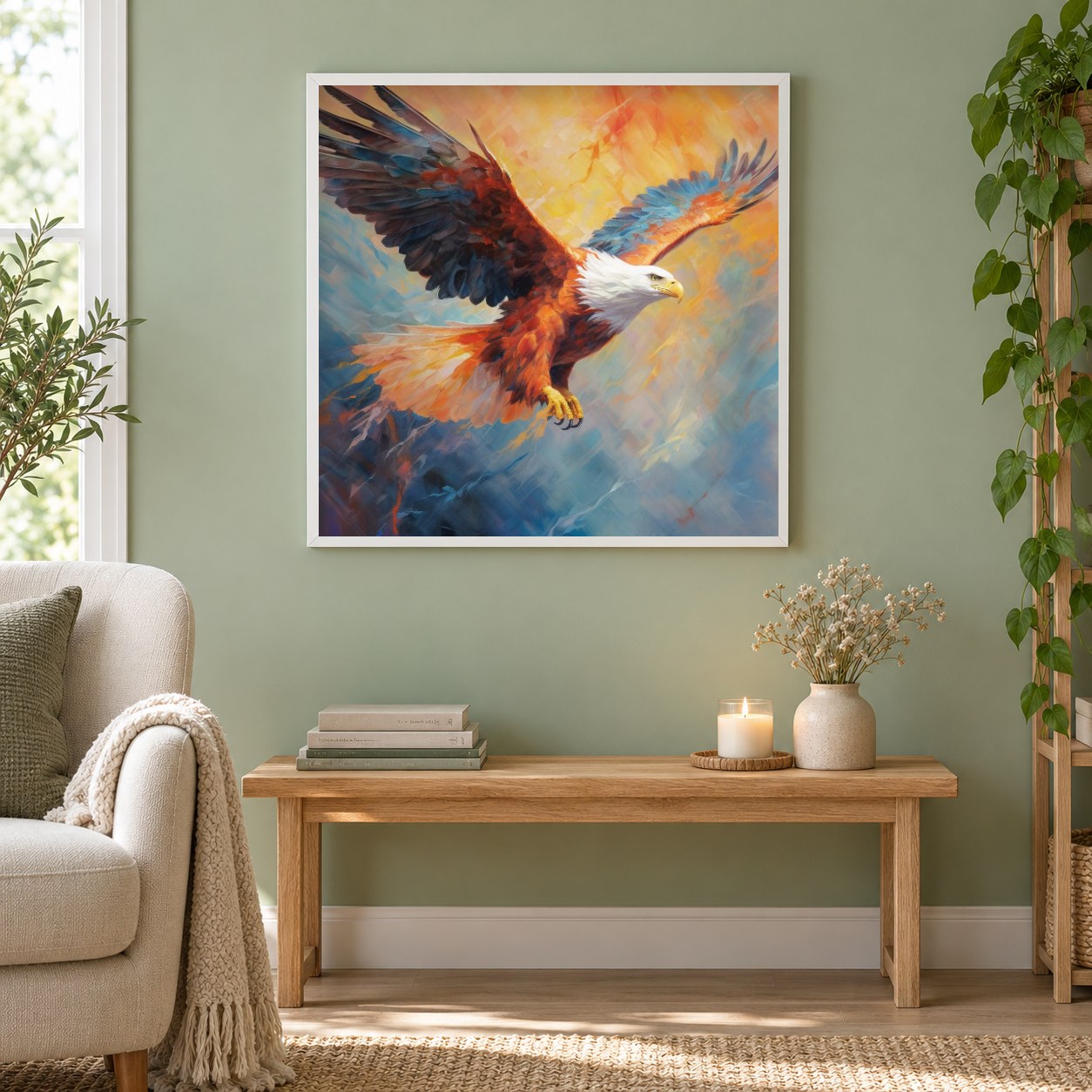 Weißkopfseeadler fliegt als gerahmtes Diamond Painting im Wohnzimmer