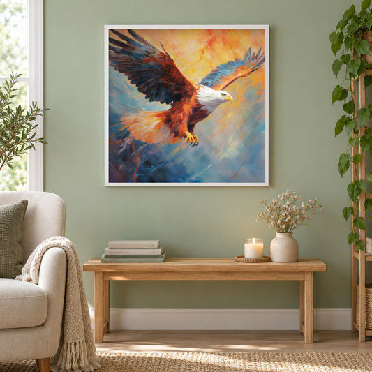 Weißkopfseeadler fliegt als gerahmtes Diamond Painting im Wohnzimmer