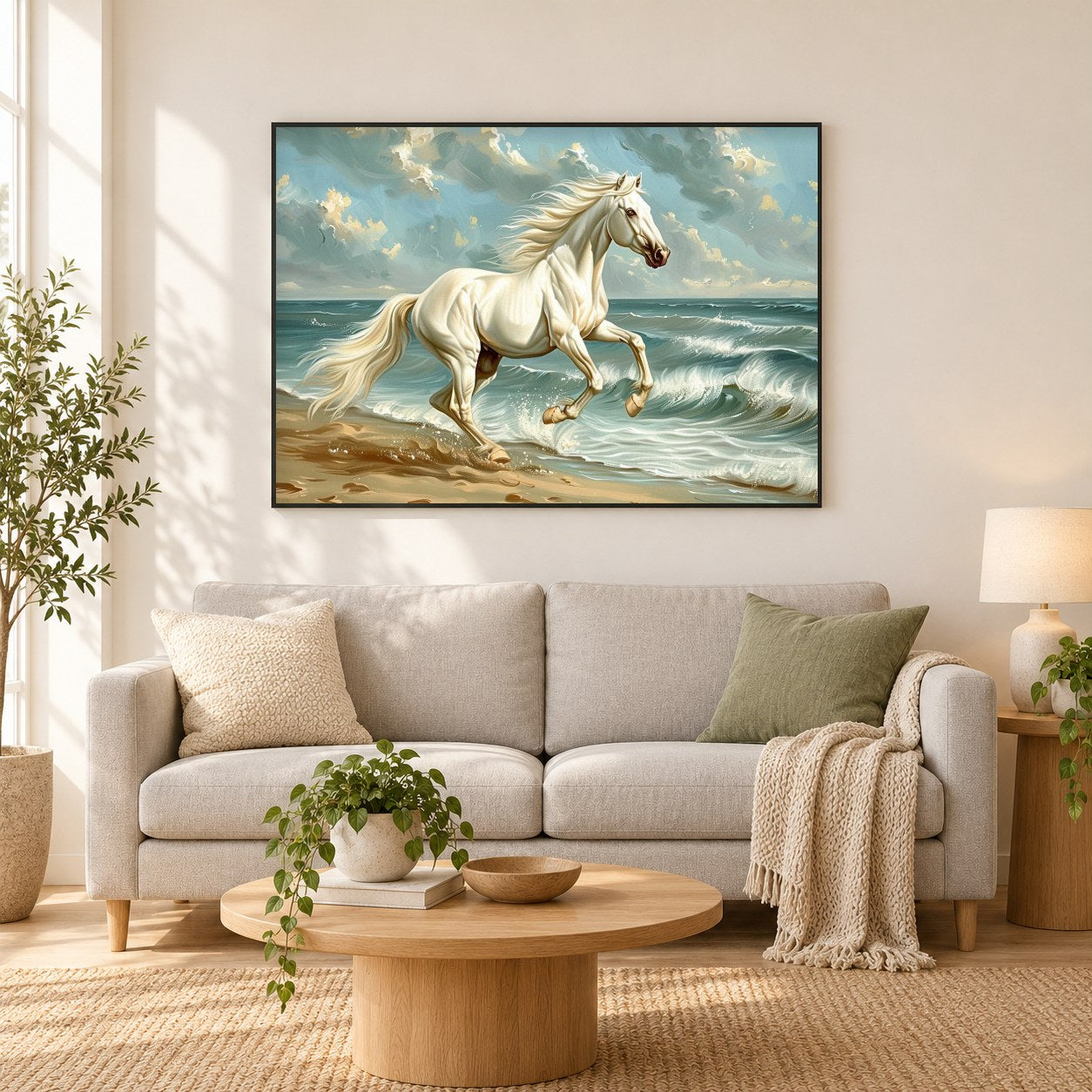 White Horses energetischer Lauf entlang der Küste als gerahmtes Diamond Painting im Wohnzimmer