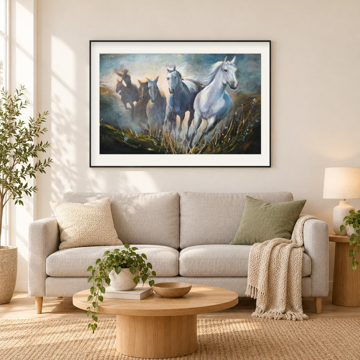 Wilder Blumenlauf - Kunst des Linda Wilder als gerahmtes Diamond Painting im Wohnzimmer