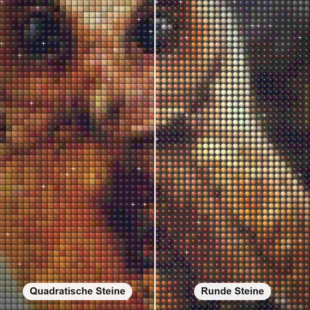 Wilde Eule Diamond Painting Nahaufnahme mit quadratischen und runden Steinen