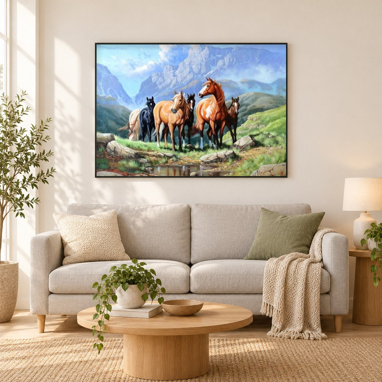 Wilde Pferde als gerahmtes Diamond Painting im Wohnzimmer