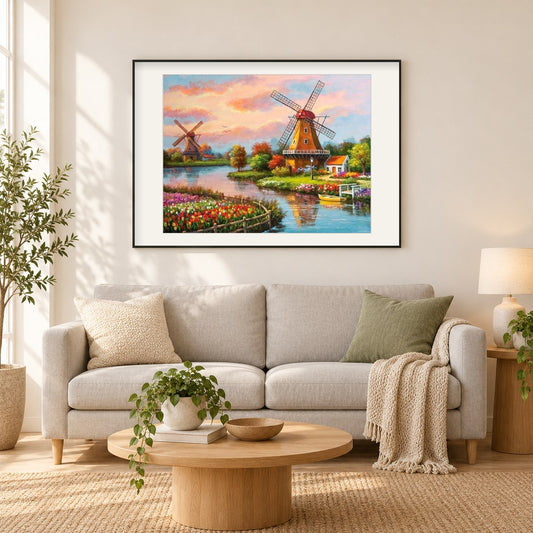 Windmühlen landschaft als gerahmtes Diamond Painting im Wohnzimmer