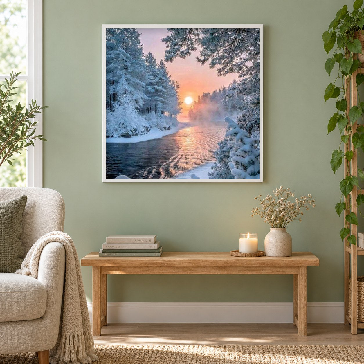 Winter Bäume und Sonnenuntergang als gerahmtes Diamond Painting im Wohnzimmer