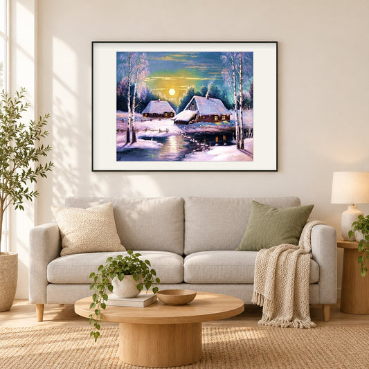 Winter Sonnenuntergang Landschaft als gerahmtes Diamond Painting im Wohnzimmer