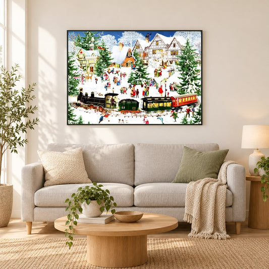 Winterzug - Kunst des Barbara Behr als gerahmtes Diamond Painting im Wohnzimmer