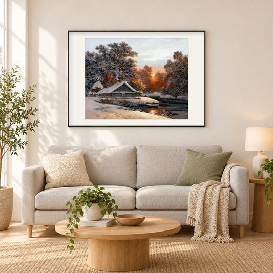Winterabend als gerahmtes Diamond Painting im Wohnzimmer