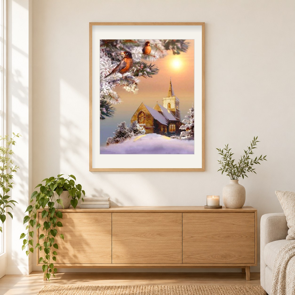 Winterabend & Vögel als gerahmtes Diamond Painting im Wohnzimmer
