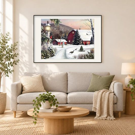 Winteransicht & Weihnachtsmalerei als gerahmtes Diamond Painting im Wohnzimmer