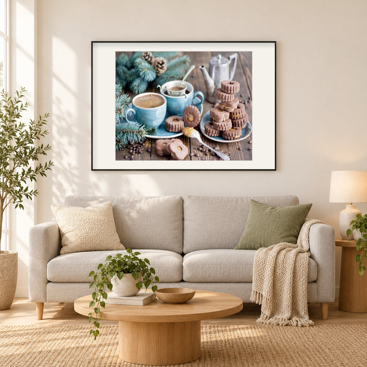 Winterkaffee mit Dessert als gerahmtes Diamond Painting im Wohnzimmer