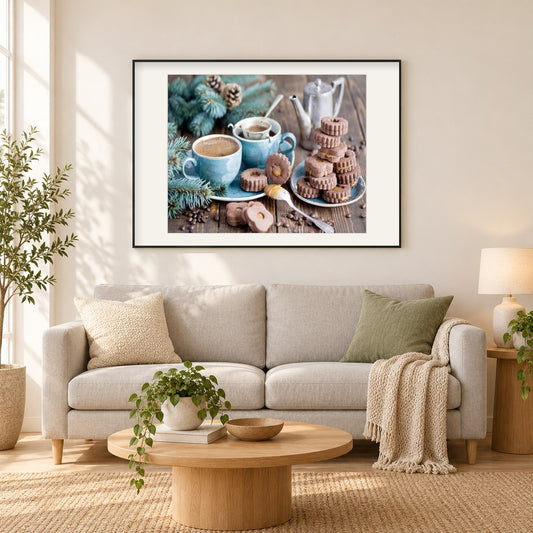 Winterkaffee mit Dessert als gerahmtes Diamond Painting im Wohnzimmer