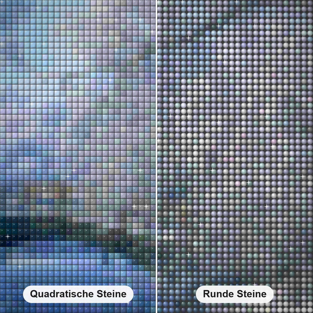 Winterlandschaft Diamond Painting Nahaufnahme mit quadratischen und runden Steinen
