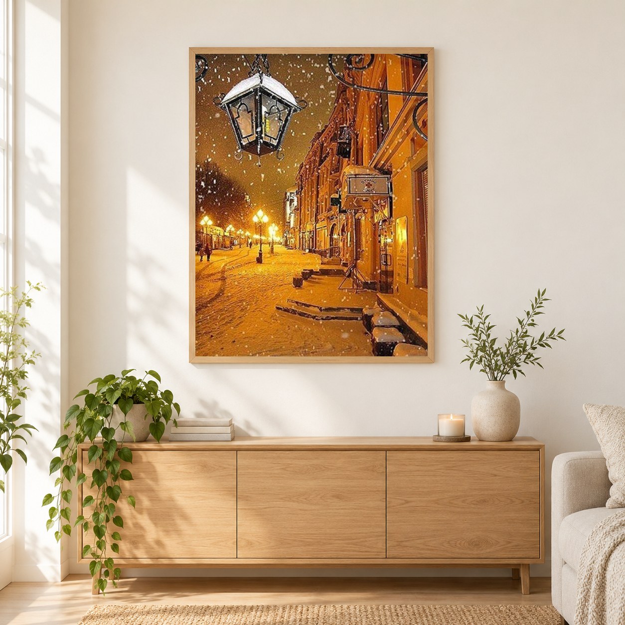 Winternacht Straßenansicht als gerahmtes Diamond Painting im Wohnzimmer