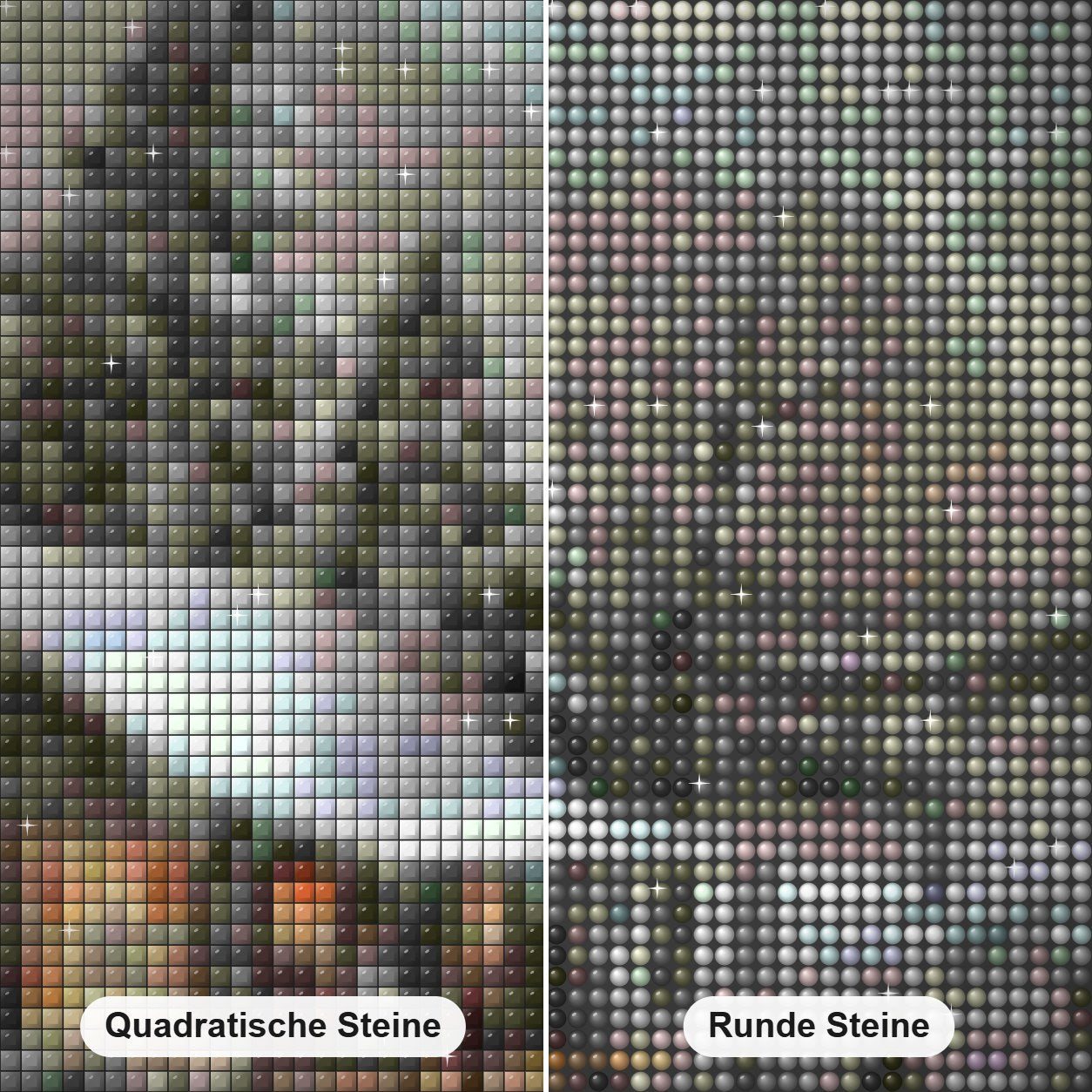 Winterszene Diamond Painting Nahaufnahme mit quadratischen und runden Steinen