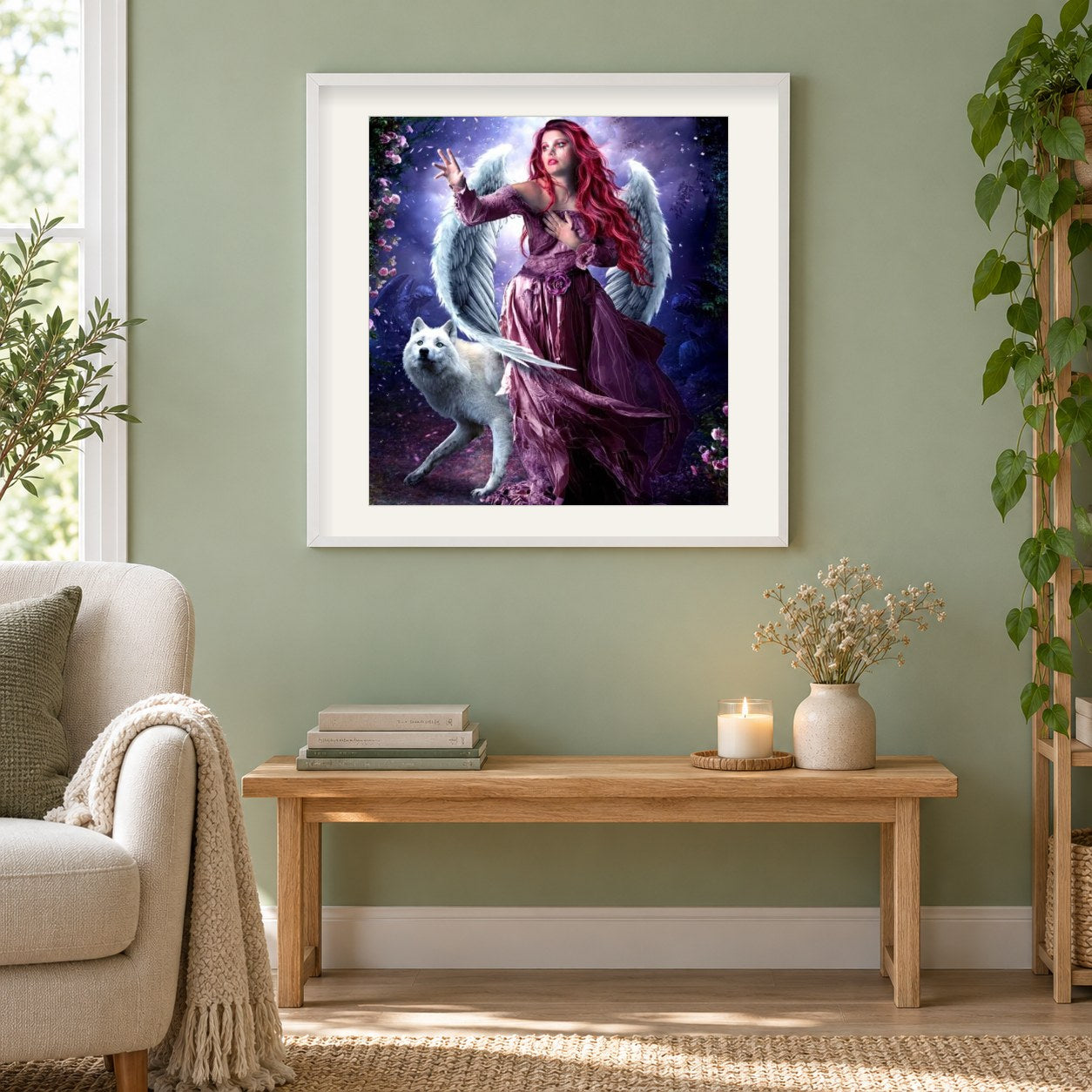 Wolf & Angel Paint von Diamonds als gerahmtes Diamond Painting im Wohnzimmer