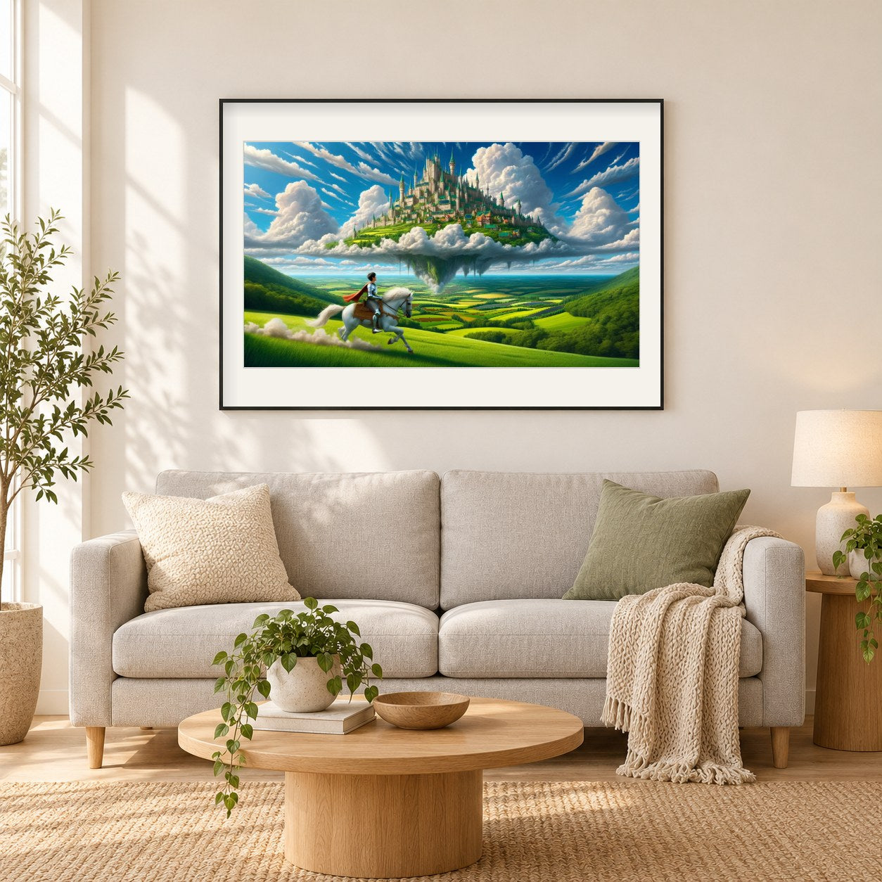 Das Wunder des schwimmenden Schlosses als gerahmtes Diamond Painting im Wohnzimmer