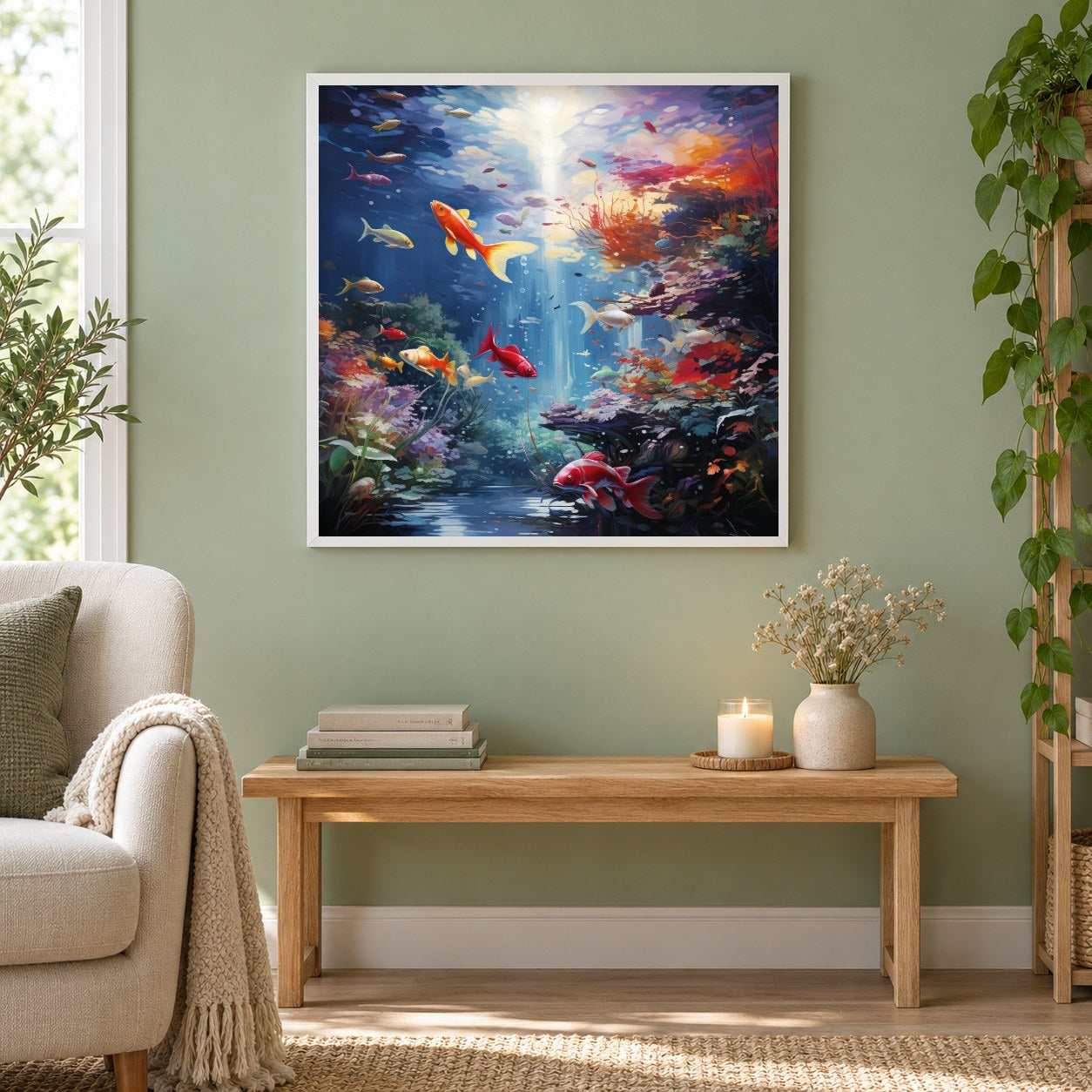 Wunderbare Meeresbewohner als gerahmtes Diamond Painting im Wohnzimmer