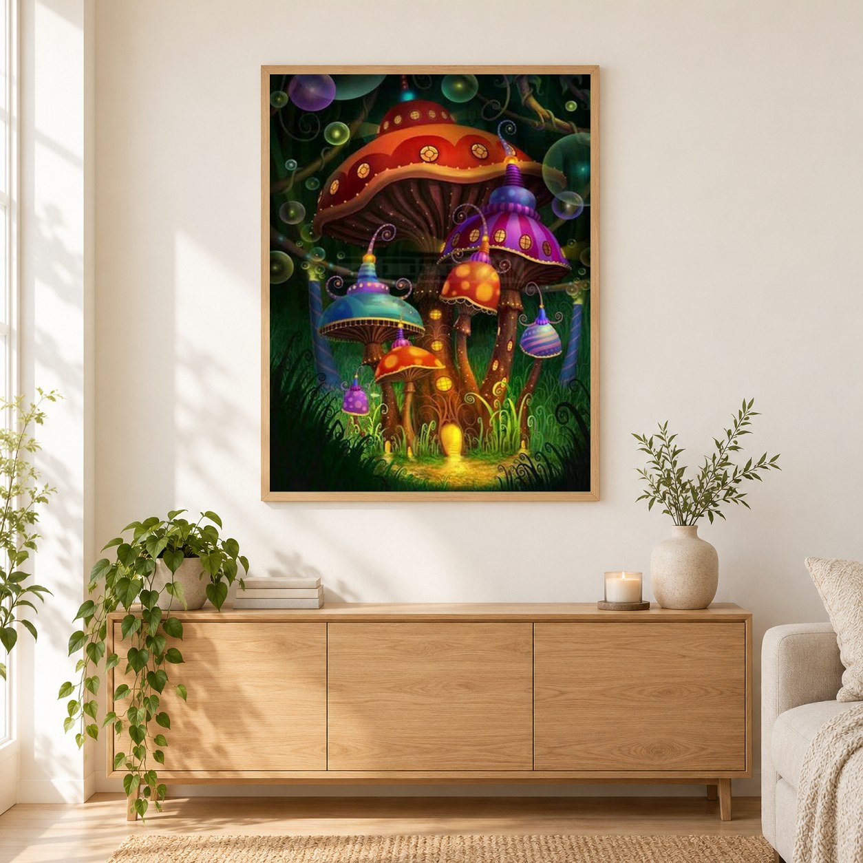 Wonderland Mushrooms als gerahmtes Diamond Painting im Wohnzimmer