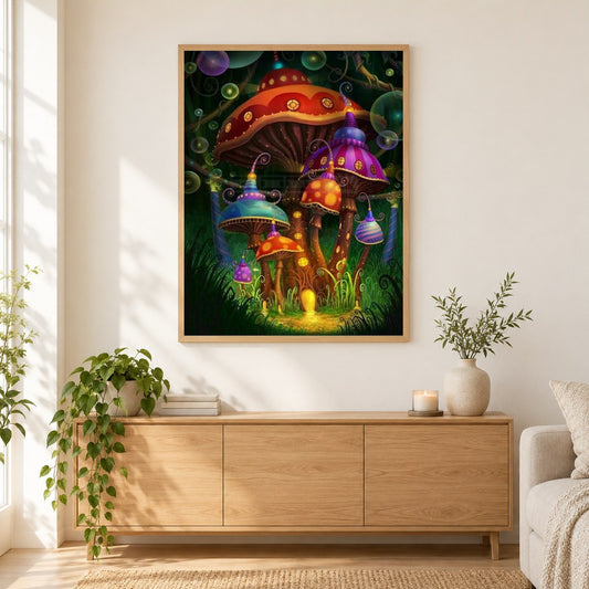 Wonderland Mushrooms als gerahmtes Diamond Painting im Wohnzimmer