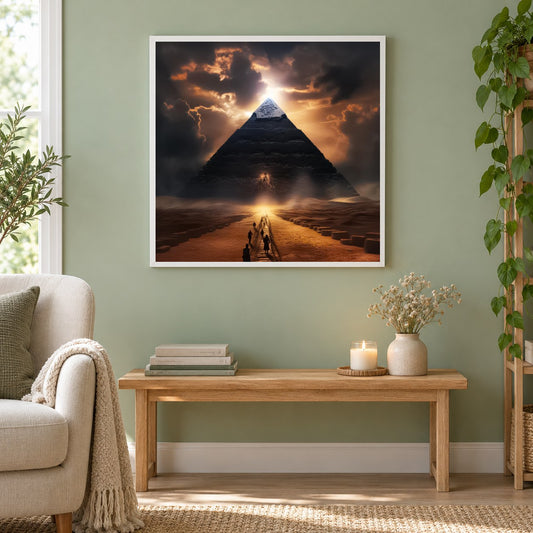 Welt der Pyramiden als gerahmtes Diamond Painting im Wohnzimmer