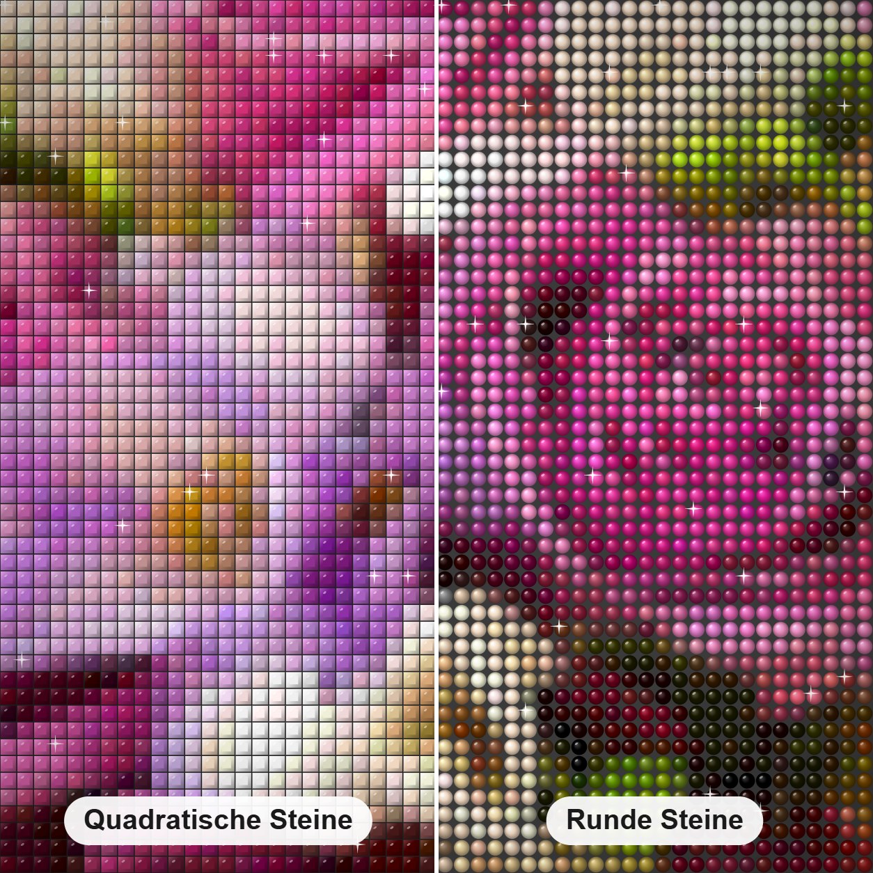 Wunderschöne Blumen Diamond Painting Nahaufnahme mit quadratischen und runden Steinen
