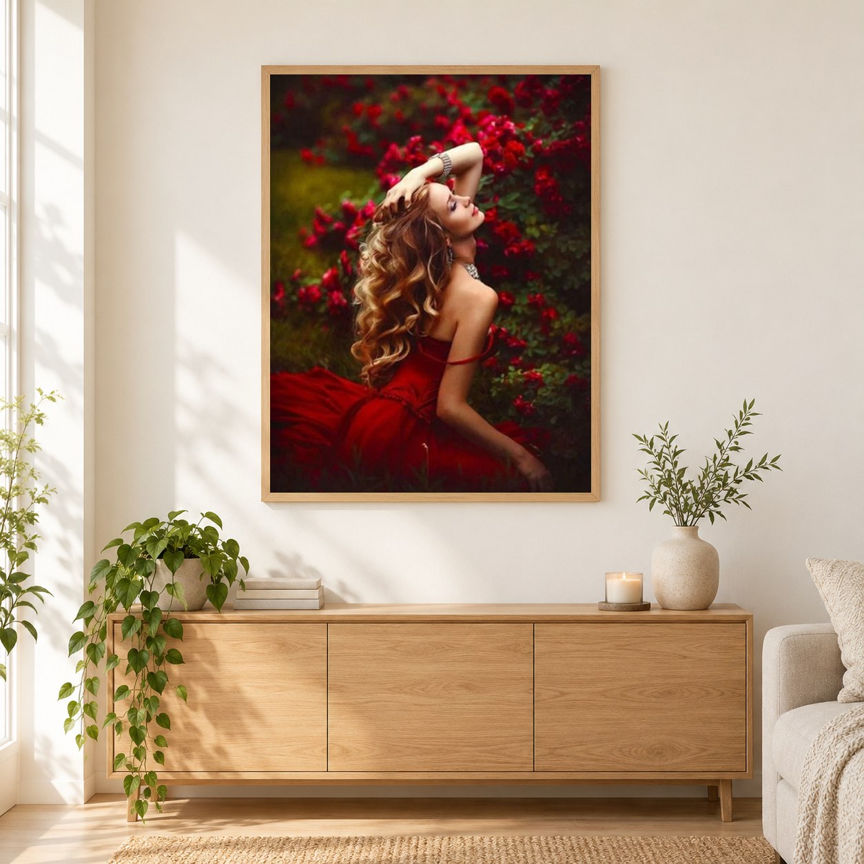 Wunderschöne Dame im Blumengarten als gerahmtes Diamond Painting im Wohnzimmer