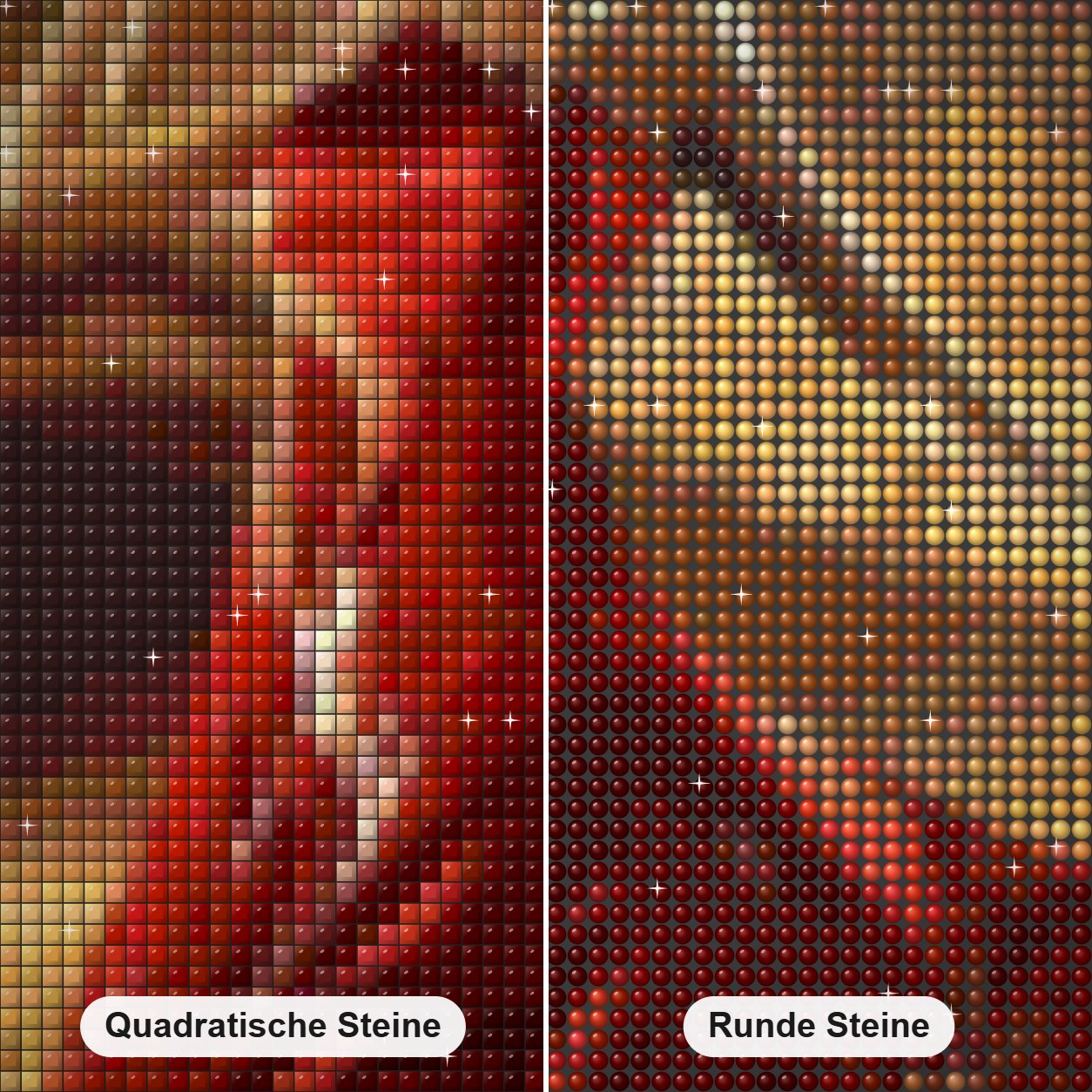 Wunderschöne Dame in Feldern Diamond Painting Nahaufnahme mit quadratischen und runden Steinen