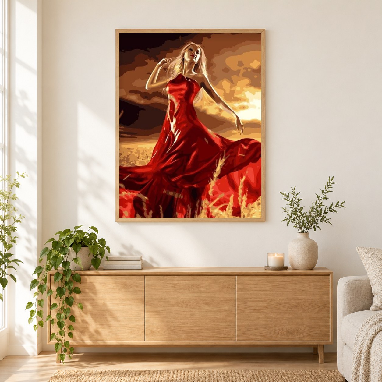 Wunderschöne Dame in Feldern als gerahmtes Diamond Painting im Wohnzimmer