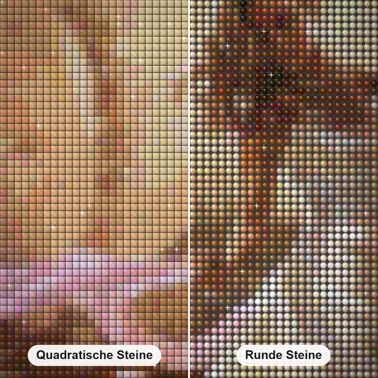 Wunderschöne Dame in Weiß Diamond Painting Nahaufnahme mit quadratischen und runden Steinen