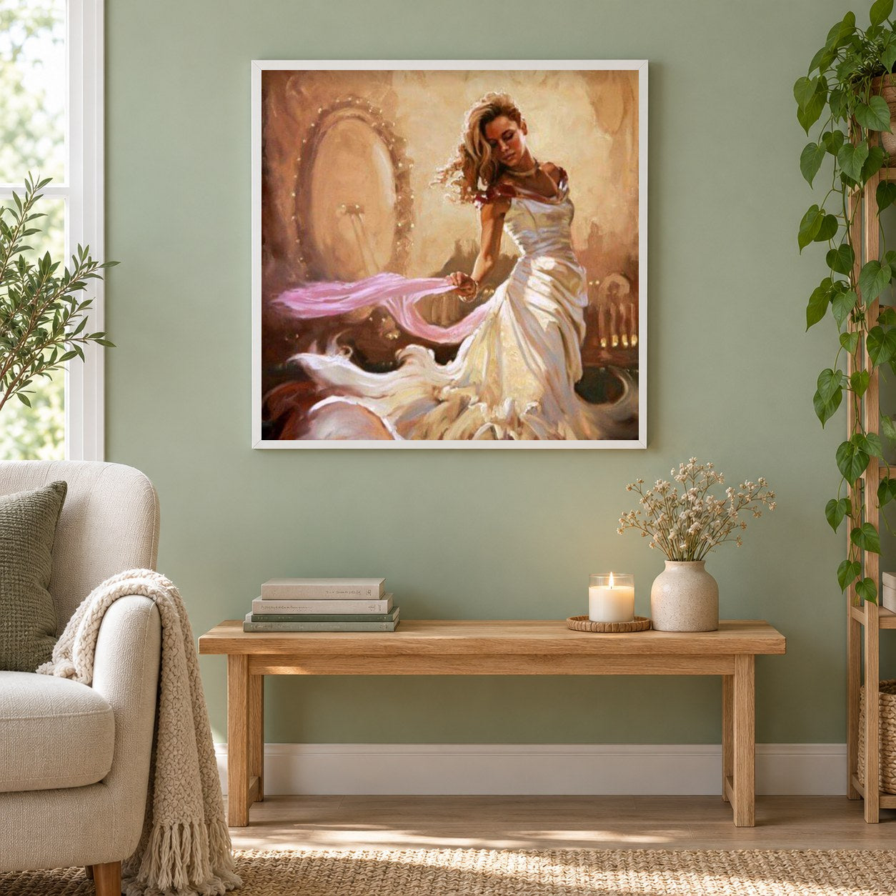 Wunderschöne Dame in Weiß als gerahmtes Diamond Painting im Wohnzimmer