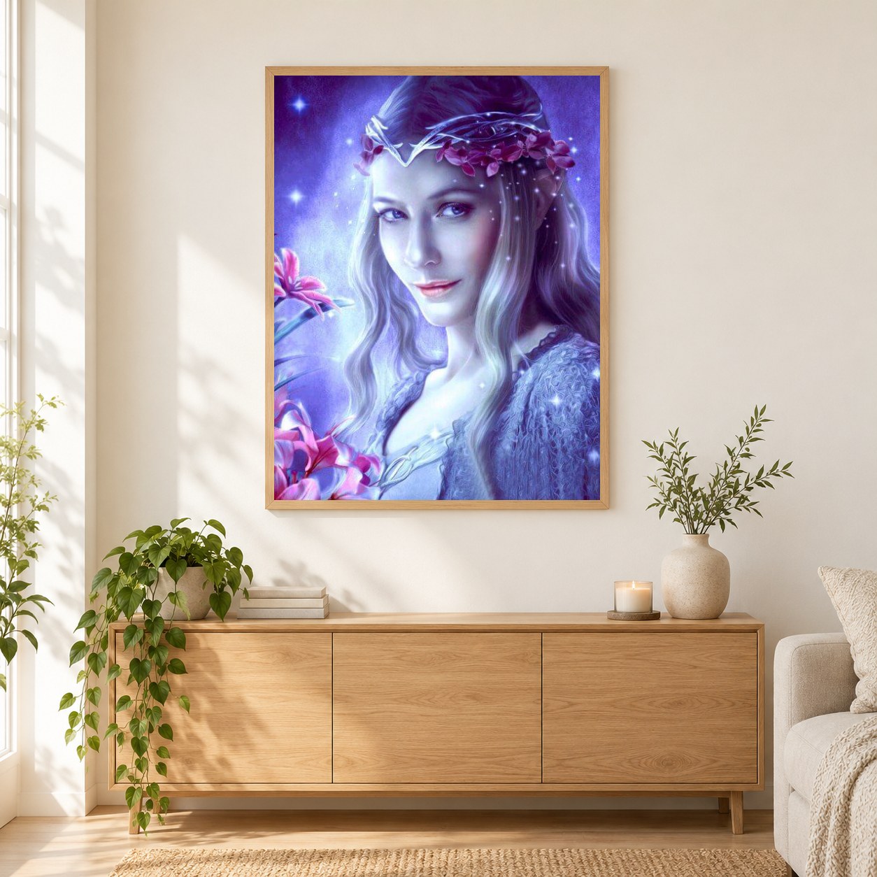 Wunderschöne Dame mit Blumenkrone als gerahmtes Diamond Painting im Wohnzimmer