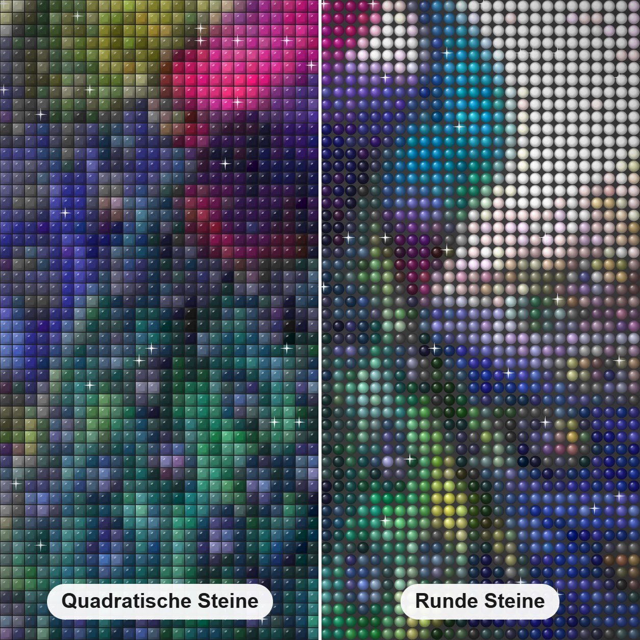 Wunderschöne Pfauenpaar Diamond Painting Nahaufnahme mit quadratischen und runden Steinen