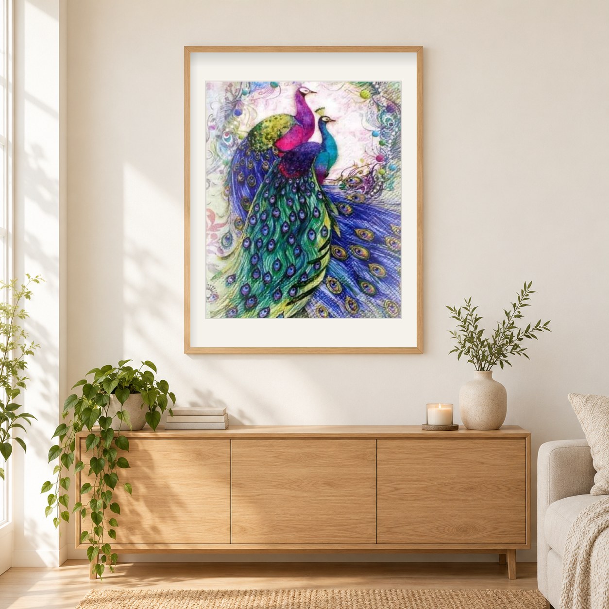 Wunderschöne Pfauenpaar als gerahmtes Diamond Painting im Wohnzimmer