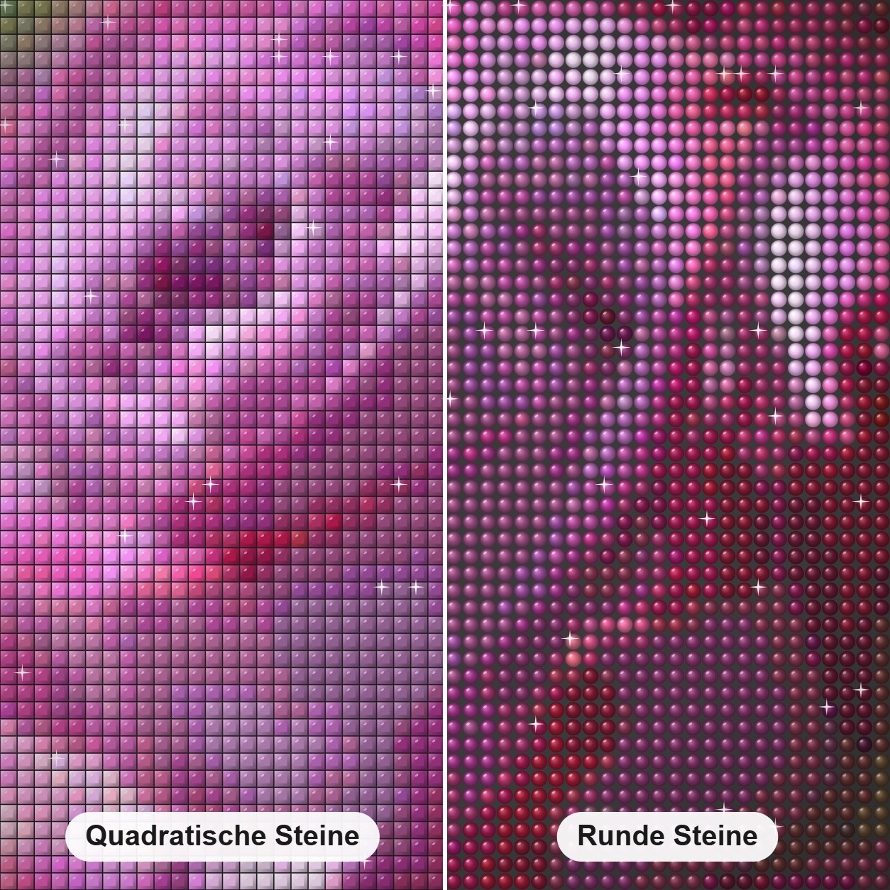 Wunderschöne rosa Rose Diamond Painting Nahaufnahme mit quadratischen und runden Steinen