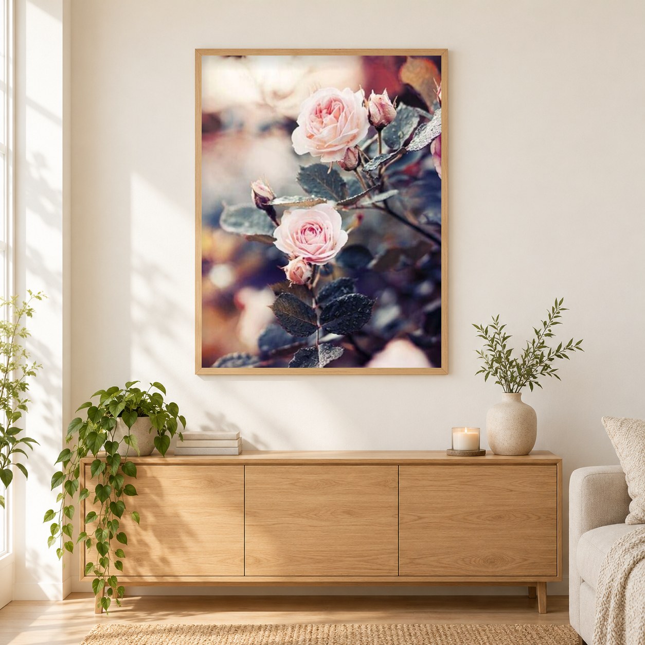 Wunderschöne rosa Rosenpflanze als gerahmtes Diamond Painting im Wohnzimmer