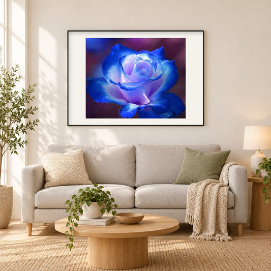 Wunderschöne Rose mit blauen Spitzen als gerahmtes Diamond Painting im Wohnzimmer